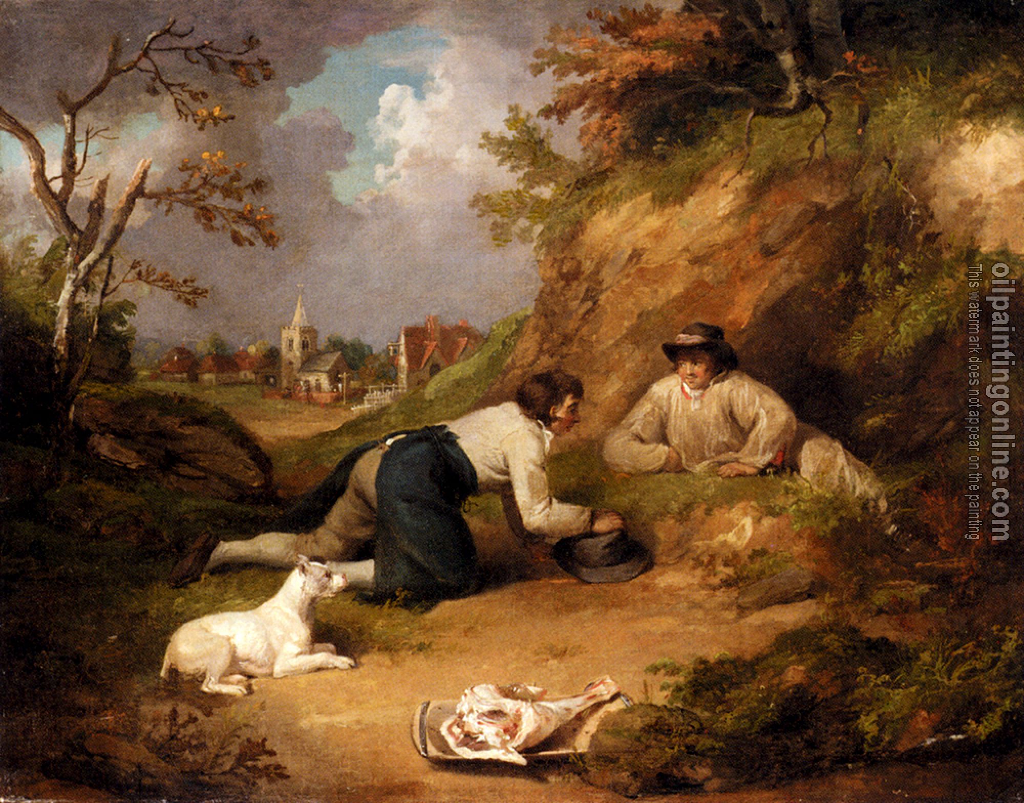 George Morland - Two Men Hunting Rabbits With Their Dog A Village Beyond
